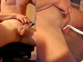 Ball busting young twink, dual screen